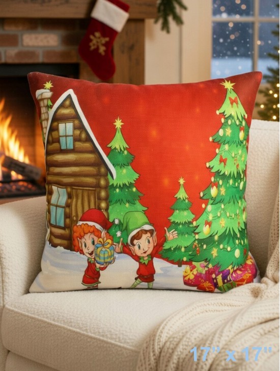Christmas Happy Elves Print Cushion W/ Filler